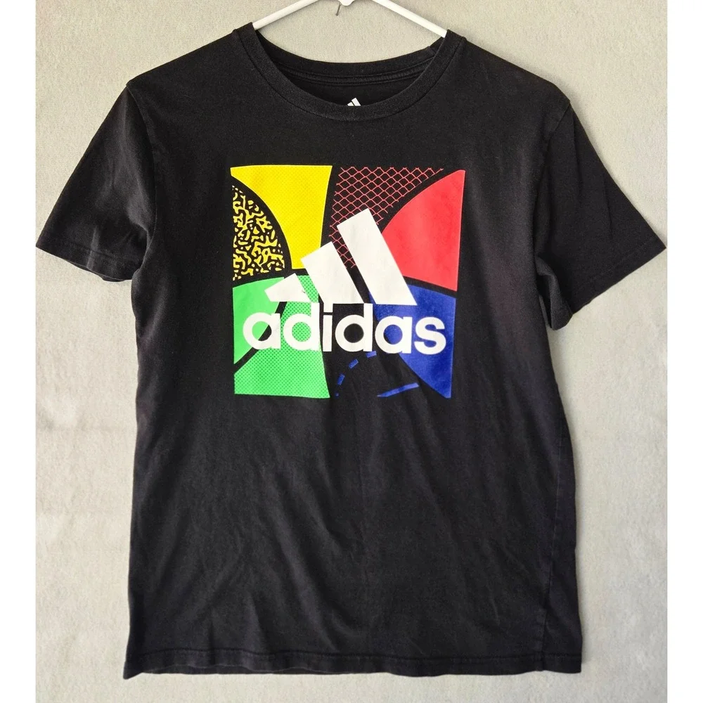 Adidas Boys Black Graphic Logo T-Shirt Multi Color Size L 14/16 Soccer Football